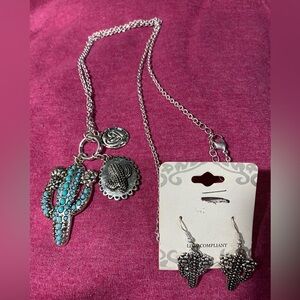 Silver and Turquoise Cactus Necklace Set